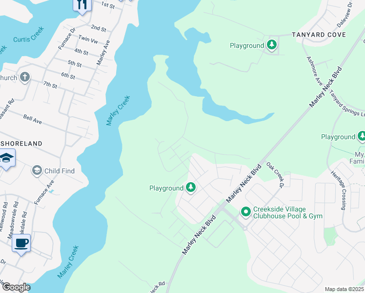 map of restaurants, bars, coffee shops, grocery stores, and more near 7221 Sprouse Court in Glen Burnie