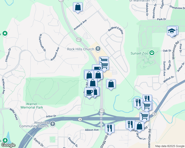 map of restaurants, bars, coffee shops, grocery stores, and more near South Oak Place in Manhattan