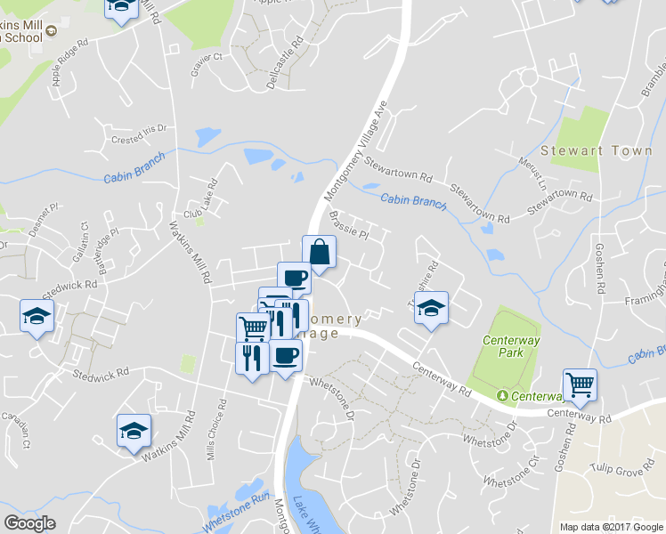 map of restaurants, bars, coffee shops, grocery stores, and more near 19450 Brassie Place in Gaithersburg
