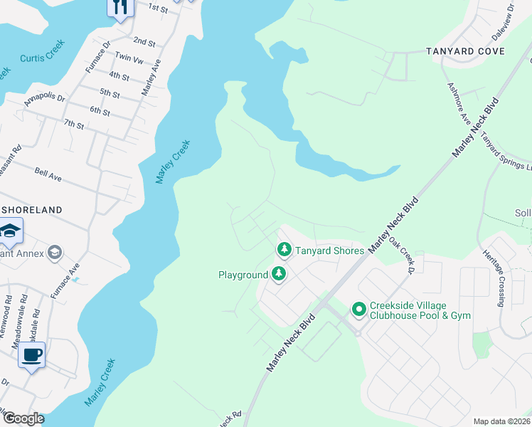 map of restaurants, bars, coffee shops, grocery stores, and more near 7221 Sprouse Court in Glen Burnie