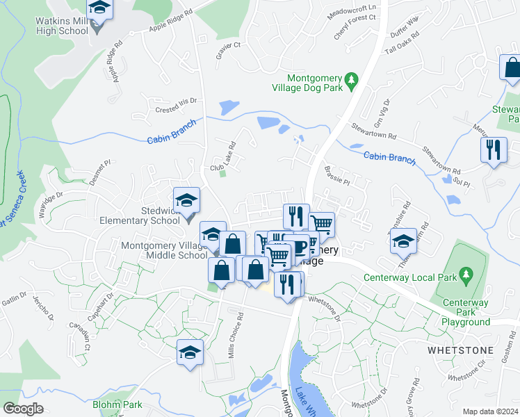 map of restaurants, bars, coffee shops, grocery stores, and more near 10275 Ridgeline Drive in Gaithersburg