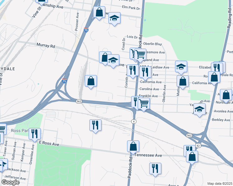 map of restaurants, bars, coffee shops, grocery stores, and more near 1108 Franklin Avenue in Cincinnati