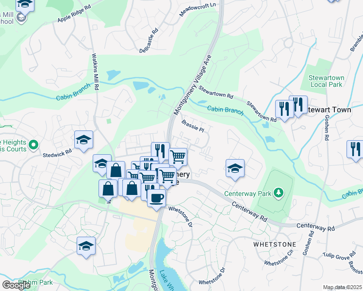 map of restaurants, bars, coffee shops, grocery stores, and more near 19450 Brassie Place in Gaithersburg