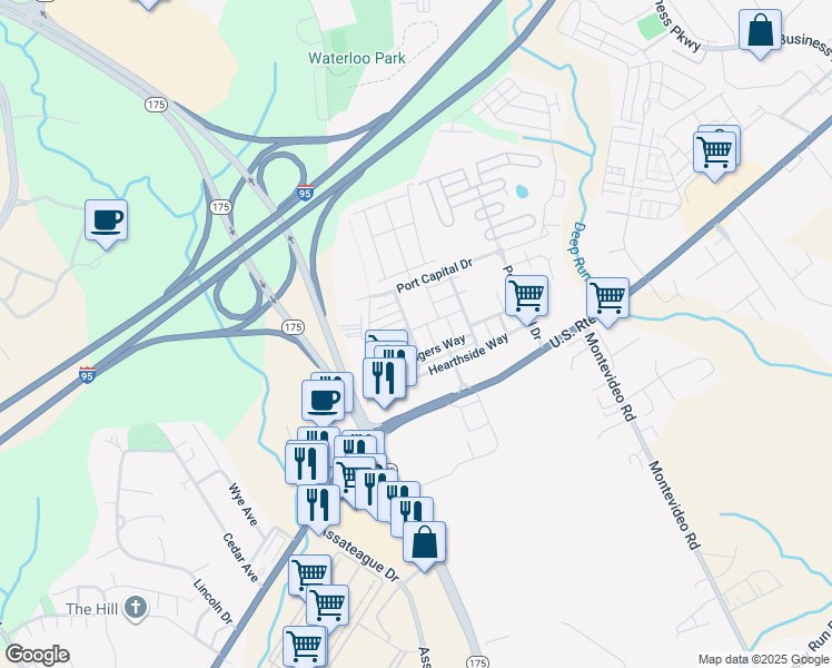 map of restaurants, bars, coffee shops, grocery stores, and more near 7300 Summit Rock Road in Elkridge