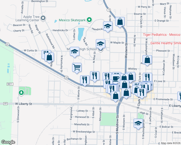 map of restaurants, bars, coffee shops, grocery stores, and more near 405 North Abat Street in Mexico