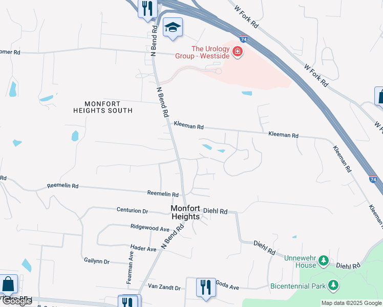map of restaurants, bars, coffee shops, grocery stores, and more near 4916 North Bend Road in Cincinnati