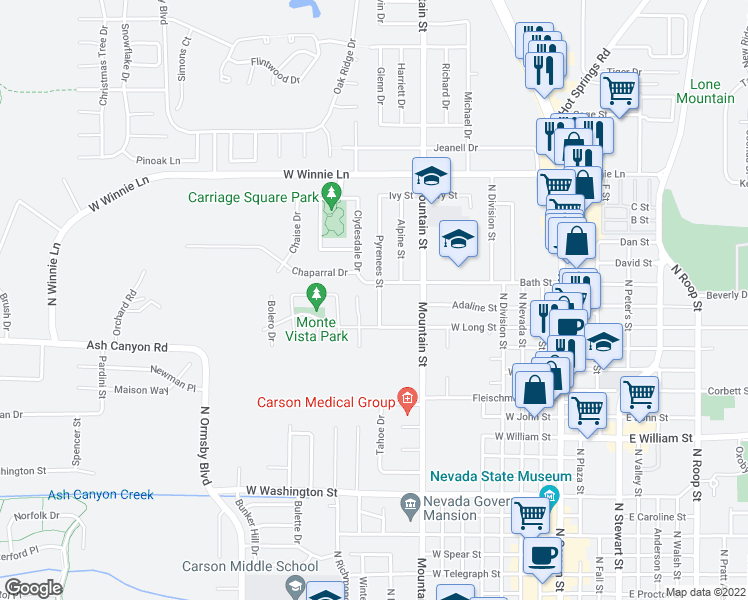 map of restaurants, bars, coffee shops, grocery stores, and more near 1704 Pyrenees Street in Carson City