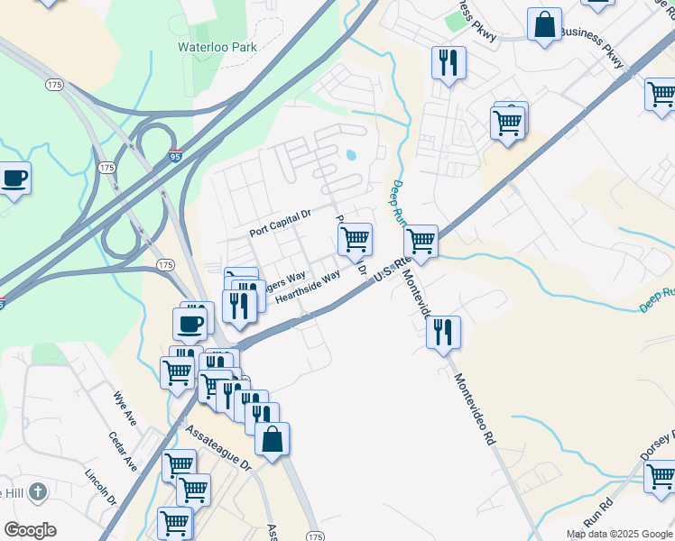 map of restaurants, bars, coffee shops, grocery stores, and more near 7421 Slipknot Alley in Elkridge