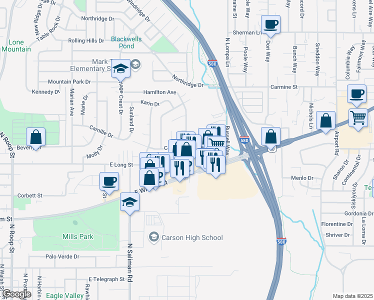 map of restaurants, bars, coffee shops, grocery stores, and more near 1918 Camille Drive in Carson City