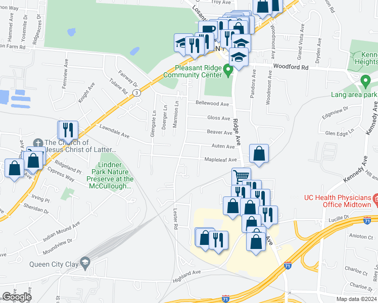 map of restaurants, bars, coffee shops, grocery stores, and more near 5621 Lester Road in Cincinnati