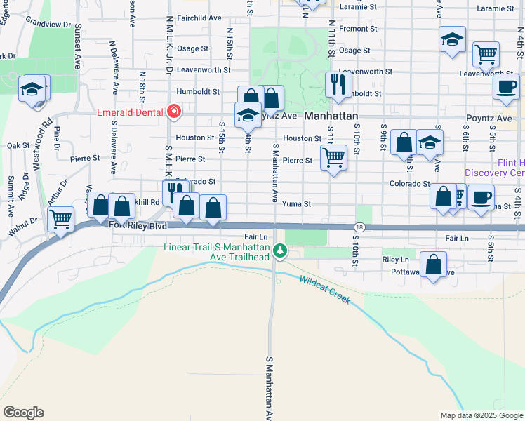 map of restaurants, bars, coffee shops, grocery stores, and more near 1312 Yuma Street in Manhattan