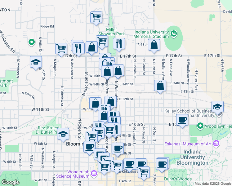 map of restaurants, bars, coffee shops, grocery stores, and more near 938 North Walnut Street in Bloomington