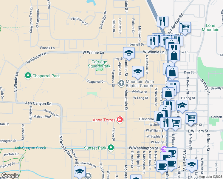 map of restaurants, bars, coffee shops, grocery stores, and more near 1001 Bath Street in Carson City