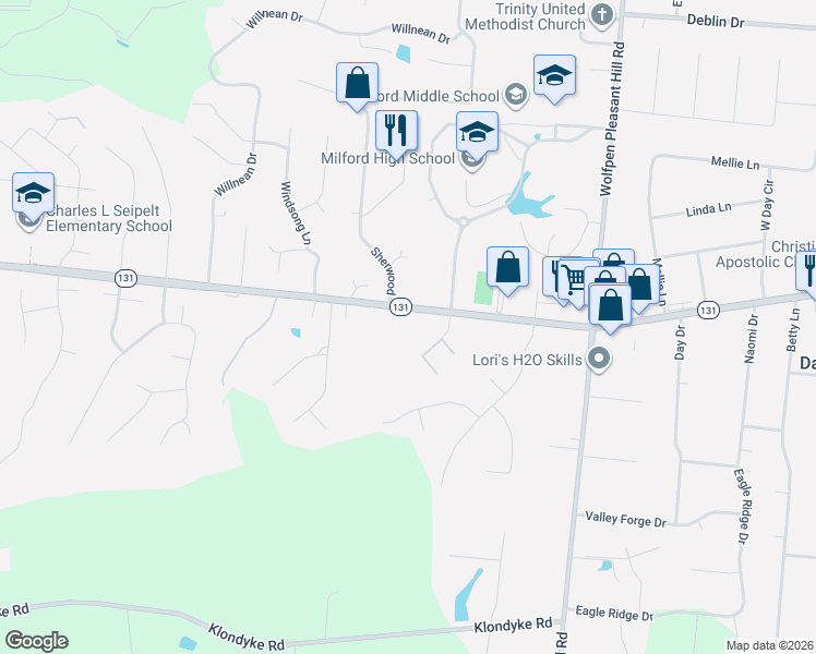 map of restaurants, bars, coffee shops, grocery stores, and more near 1059 Ohio 131 in Milford