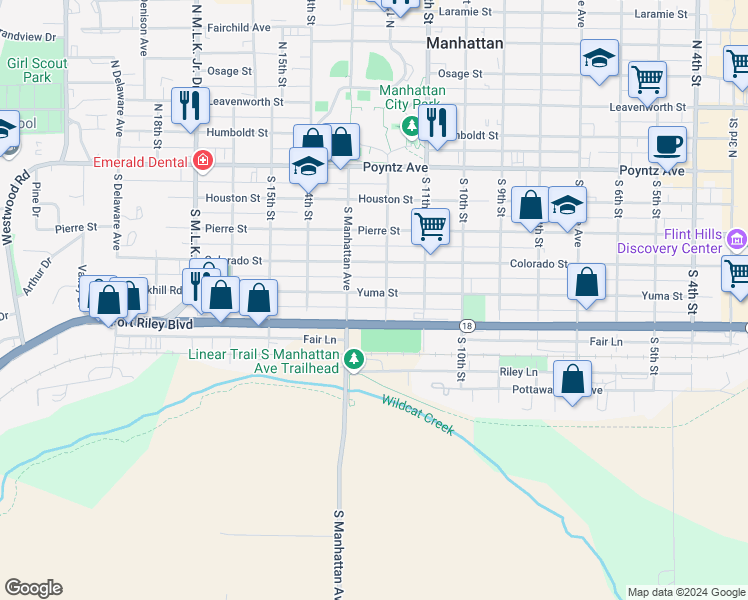 map of restaurants, bars, coffee shops, grocery stores, and more near 1209 Yuma Street in Manhattan