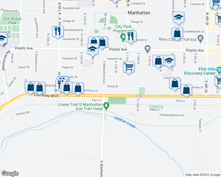 map of restaurants, bars, coffee shops, grocery stores, and more near 1213 Yuma Street in Manhattan