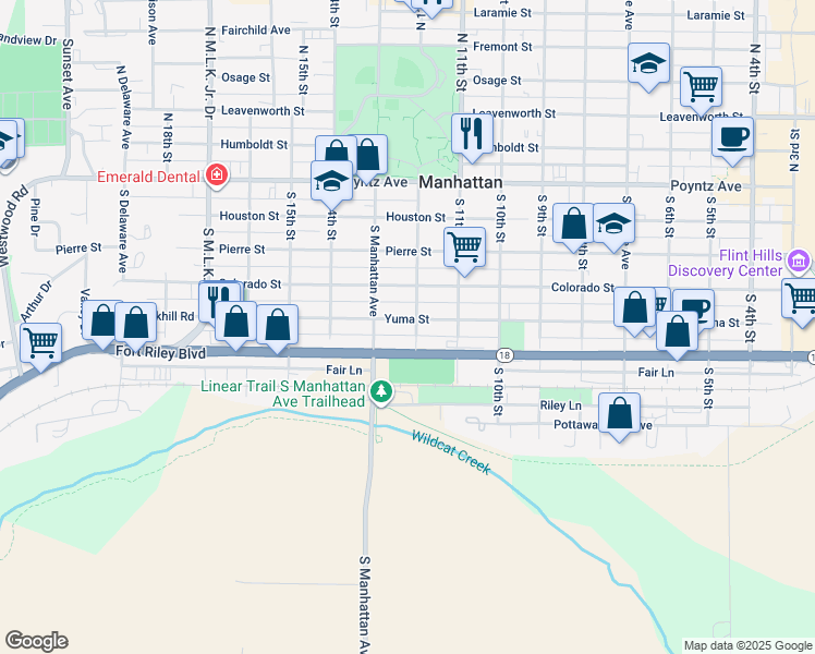 map of restaurants, bars, coffee shops, grocery stores, and more near 1205 Yuma Street in Manhattan