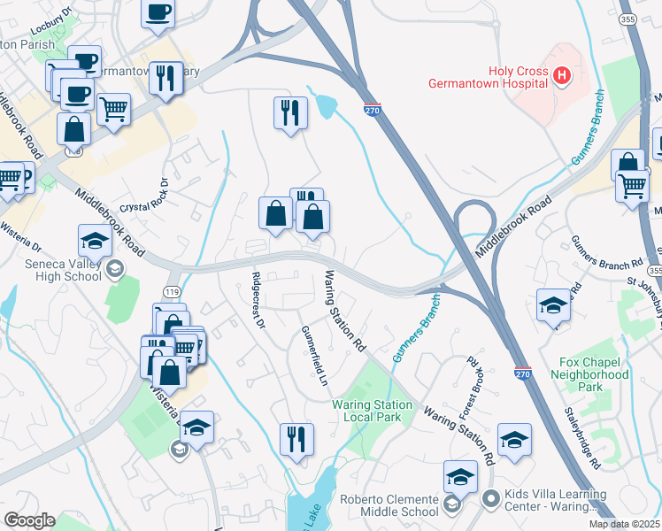 map of restaurants, bars, coffee shops, grocery stores, and more near Middlebrook Road & Waring Station Rd in Germantown