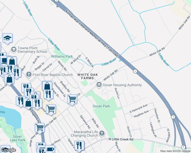 map of restaurants, bars, coffee shops, grocery stores, and more near 3 Fair Wind Place in Dover