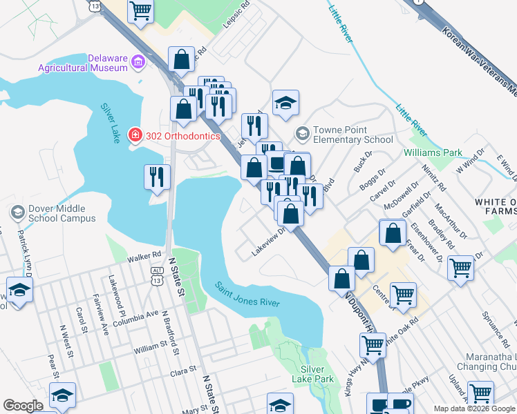 map of restaurants, bars, coffee shops, grocery stores, and more near 93 Chatham Court in Dover