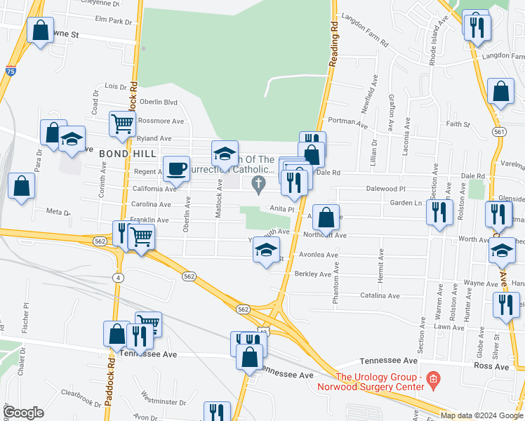 map of restaurants, bars, coffee shops, grocery stores, and more near 1628 Anita Place in Cincinnati