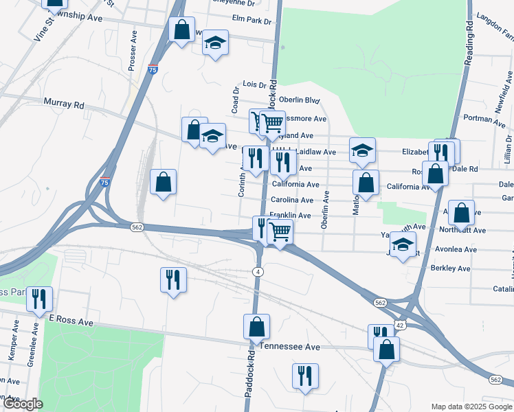 map of restaurants, bars, coffee shops, grocery stores, and more near 1144 Carolina Avenue in Cincinnati