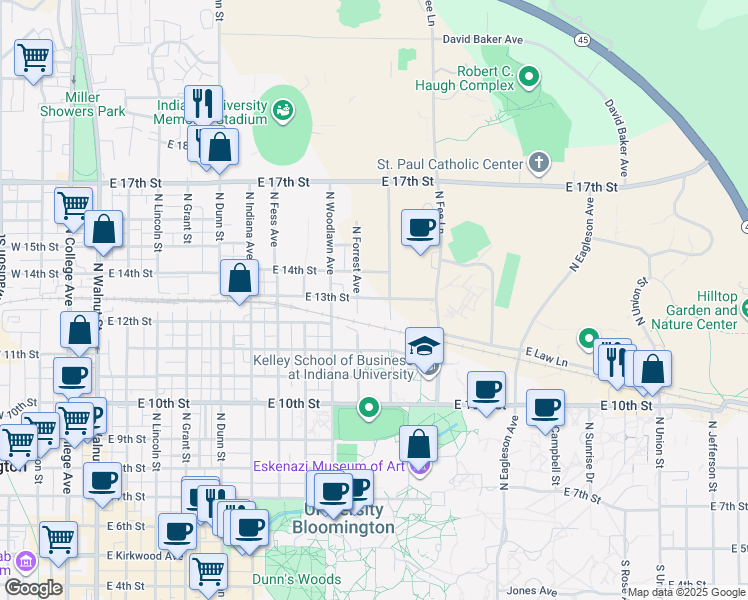 map of restaurants, bars, coffee shops, grocery stores, and more near 1001-1099 E 13th St in Bloomington