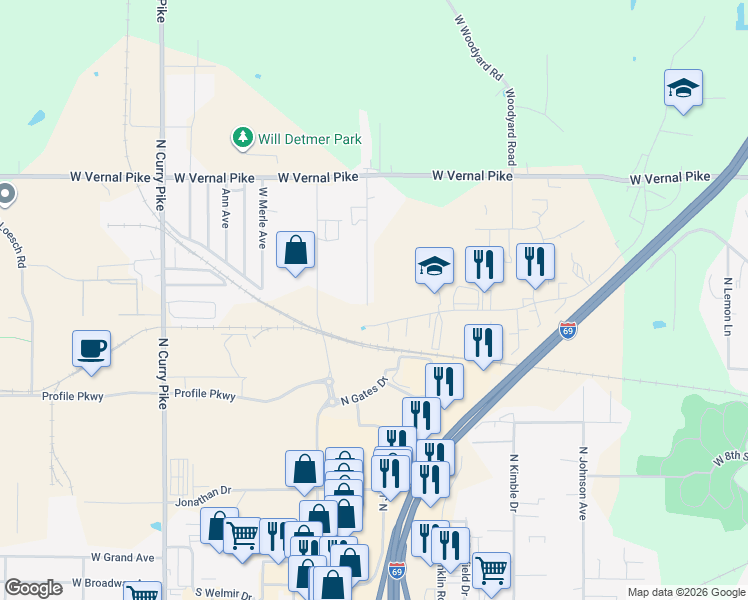 map of restaurants, bars, coffee shops, grocery stores, and more near 900-1398 N Logan Rd in Bloomington