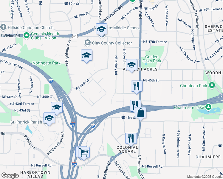 map of restaurants, bars, coffee shops, grocery stores, and more near 4441 Northeast Kelsey Road in Kansas City