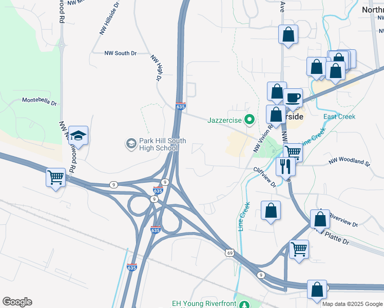 map of restaurants, bars, coffee shops, grocery stores, and more near 4415 Northwest Hon Drive in Riverside