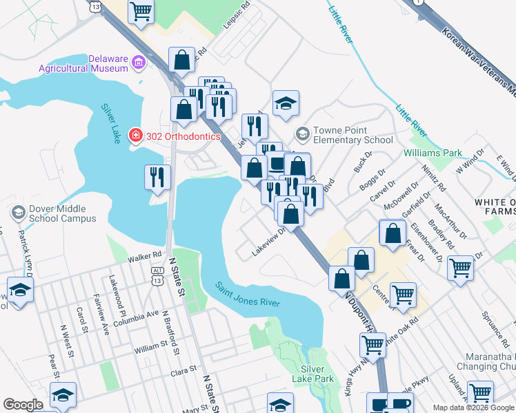 map of restaurants, bars, coffee shops, grocery stores, and more near 93 Chatham Court in Dover