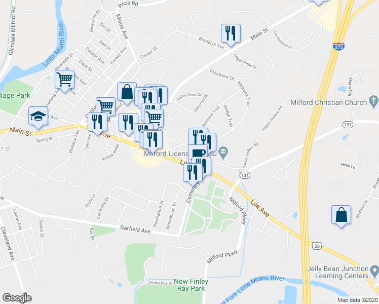 map of restaurants, bars, coffee shops, grocery stores, and more near 967 Lila Avenue in Milford
