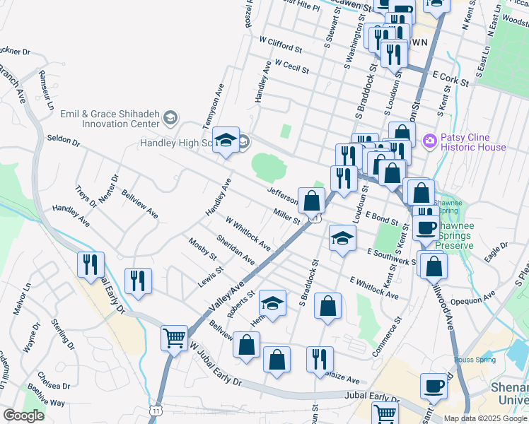 map of restaurants, bars, coffee shops, grocery stores, and more near 307 Miller Street in Winchester