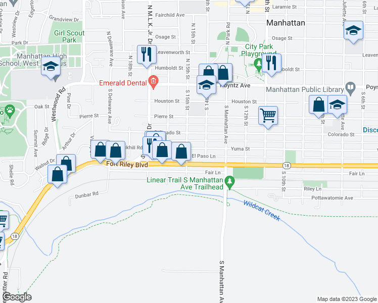 map of restaurants, bars, coffee shops, grocery stores, and more near 1431 Yuma Street in Manhattan