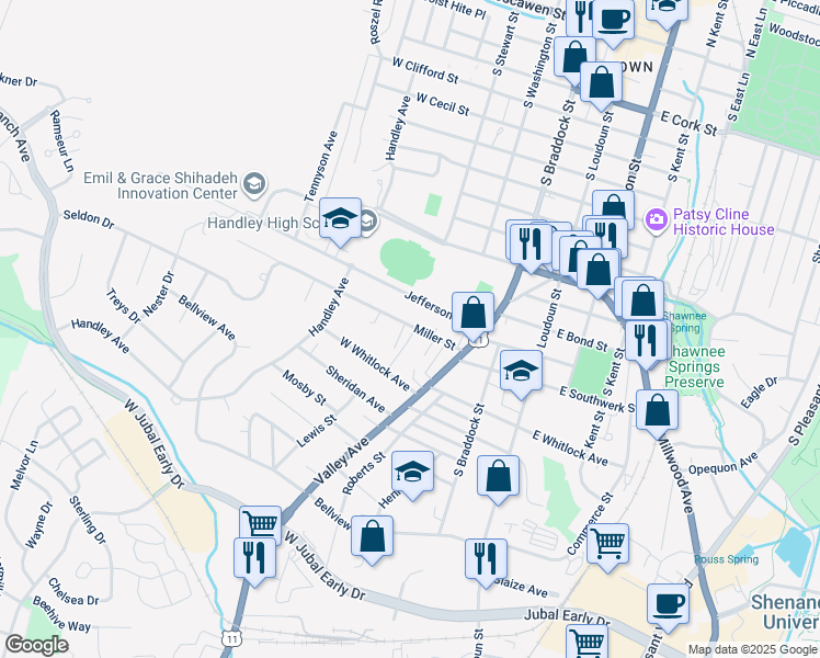 map of restaurants, bars, coffee shops, grocery stores, and more near 301 Miller Street in Winchester