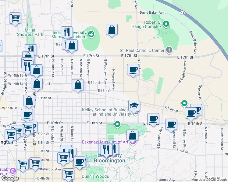map of restaurants, bars, coffee shops, grocery stores, and more near 1001 East 13th Street in Bloomington