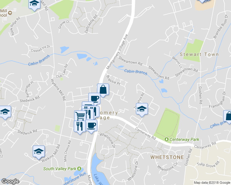 map of restaurants, bars, coffee shops, grocery stores, and more near 2 Brassie Court in Montgomery Village
