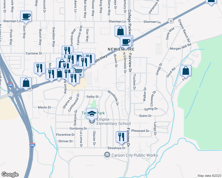 map of restaurants, bars, coffee shops, grocery stores, and more near 3512 Woodside Drive in Carson City