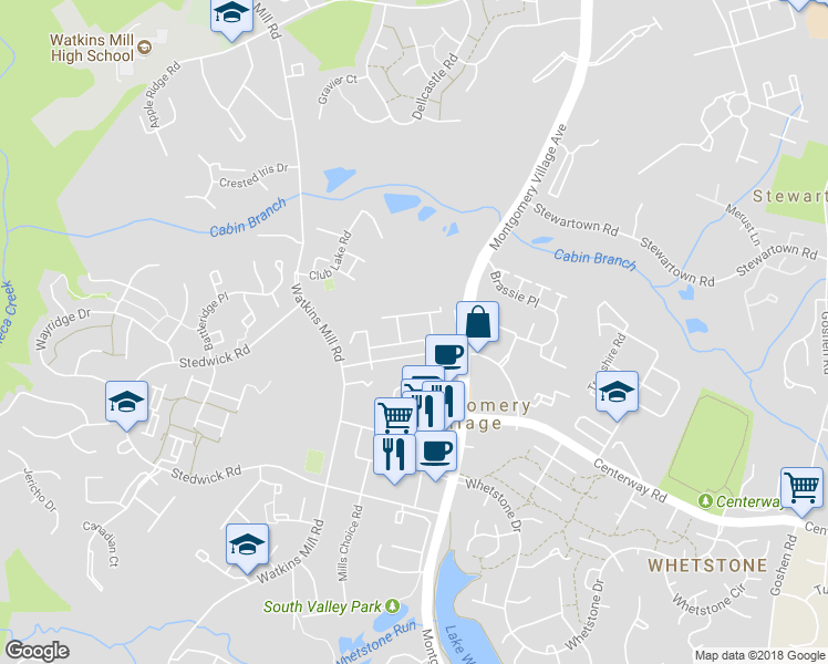 map of restaurants, bars, coffee shops, grocery stores, and more near 10133 Ridgeline Drive in Gaithersburg
