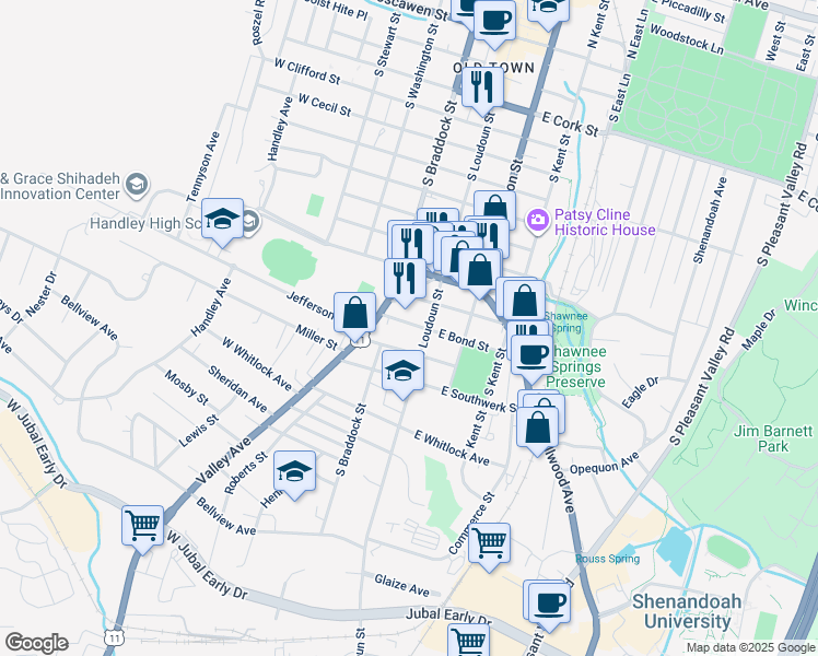 map of restaurants, bars, coffee shops, grocery stores, and more near 19 West Bond Street in Winchester