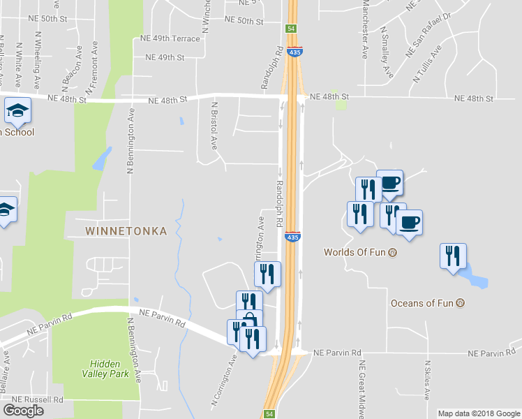 map of restaurants, bars, coffee shops, grocery stores, and more near 4716 North Corrington Avenue in Kansas City
