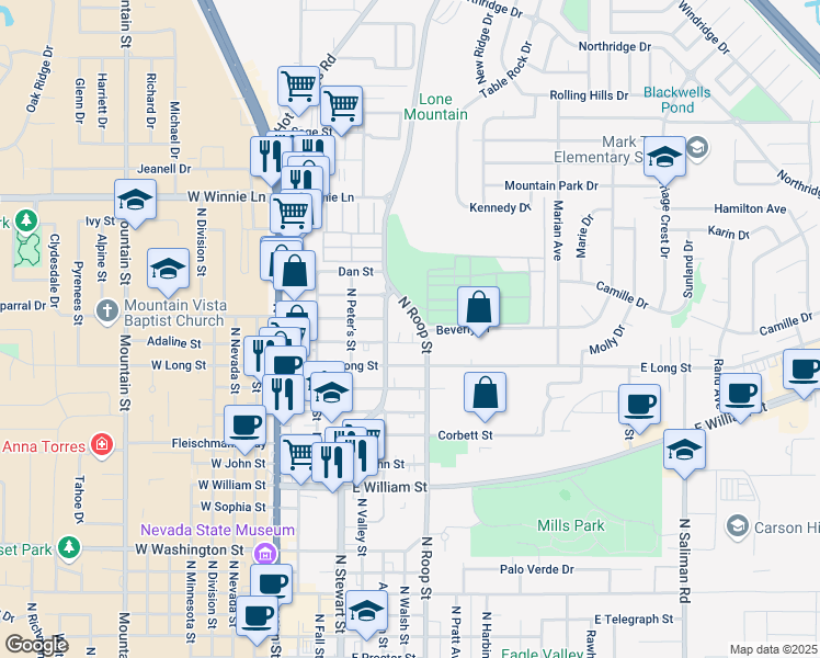map of restaurants, bars, coffee shops, grocery stores, and more near 900 Beverly Drive in Carson City