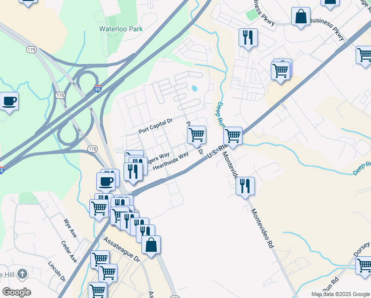 map of restaurants, bars, coffee shops, grocery stores, and more near 7410 Slipknot Alley in Elkridge