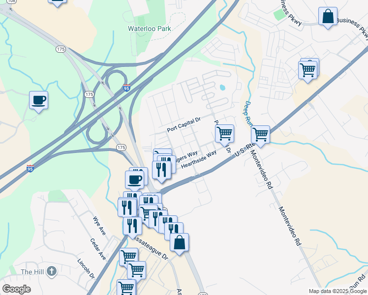 map of restaurants, bars, coffee shops, grocery stores, and more near 7316 Summit Rock Road in Elkridge