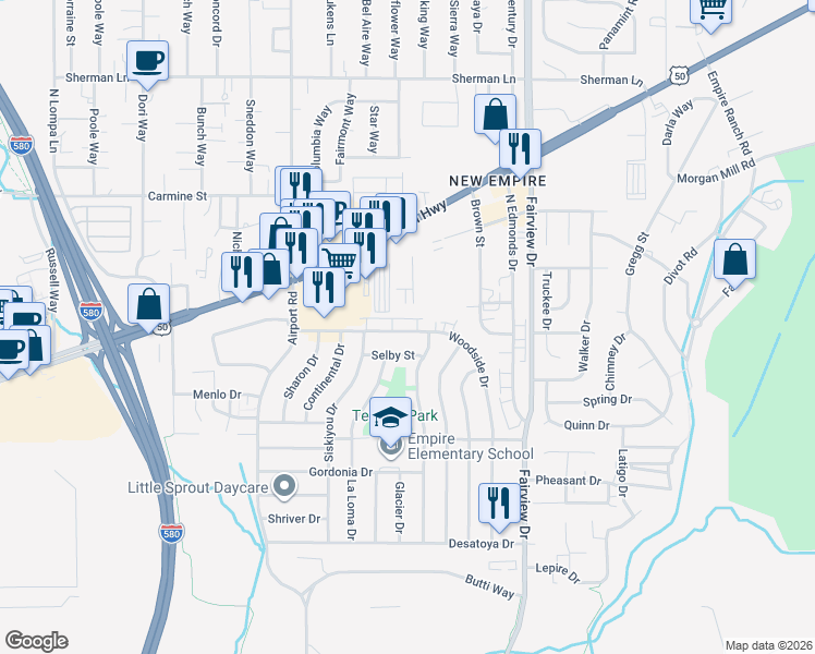 map of restaurants, bars, coffee shops, grocery stores, and more near 3414 Woodside Drive in Carson City