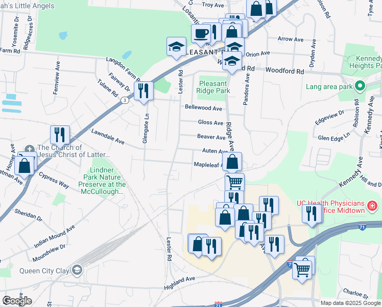map of restaurants, bars, coffee shops, grocery stores, and more near 3100 Auten Avenue in Cincinnati
