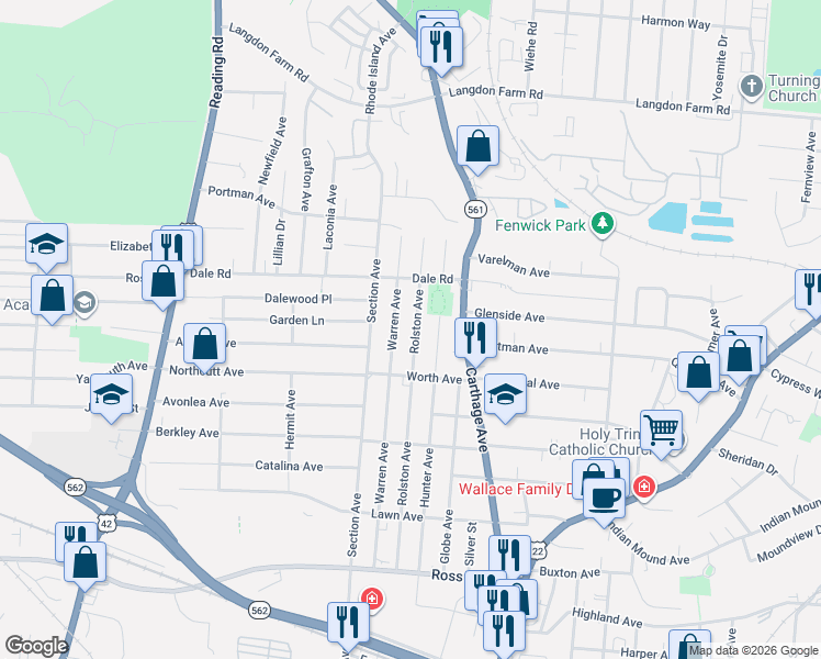map of restaurants, bars, coffee shops, grocery stores, and more near 5447 Rolston Avenue in Norwood