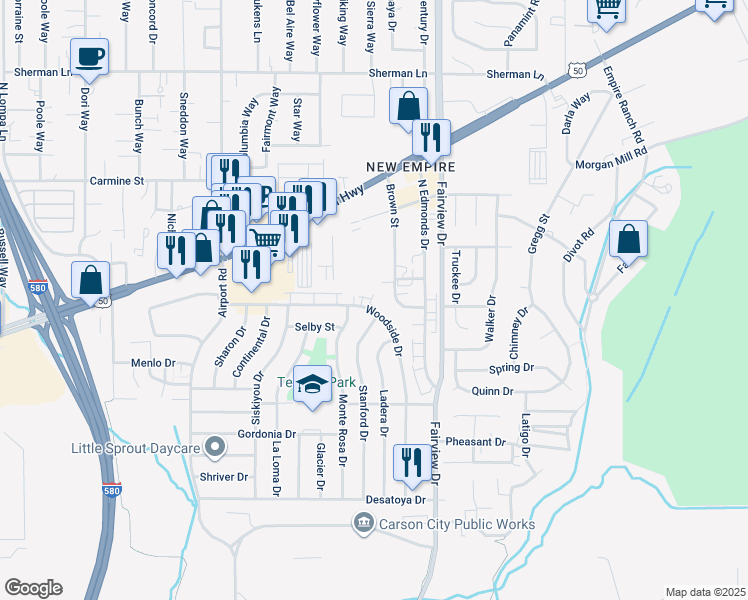 map of restaurants, bars, coffee shops, grocery stores, and more near 3508 Woodside Drive in Carson City