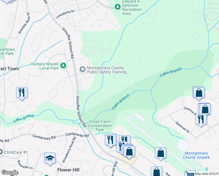 map of restaurants, bars, coffee shops, grocery stores, and more near 8701 Snouffer School Road in Montgomery Village