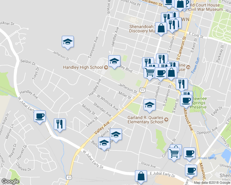 map of restaurants, bars, coffee shops, grocery stores, and more near 307 Miller Street in Winchester